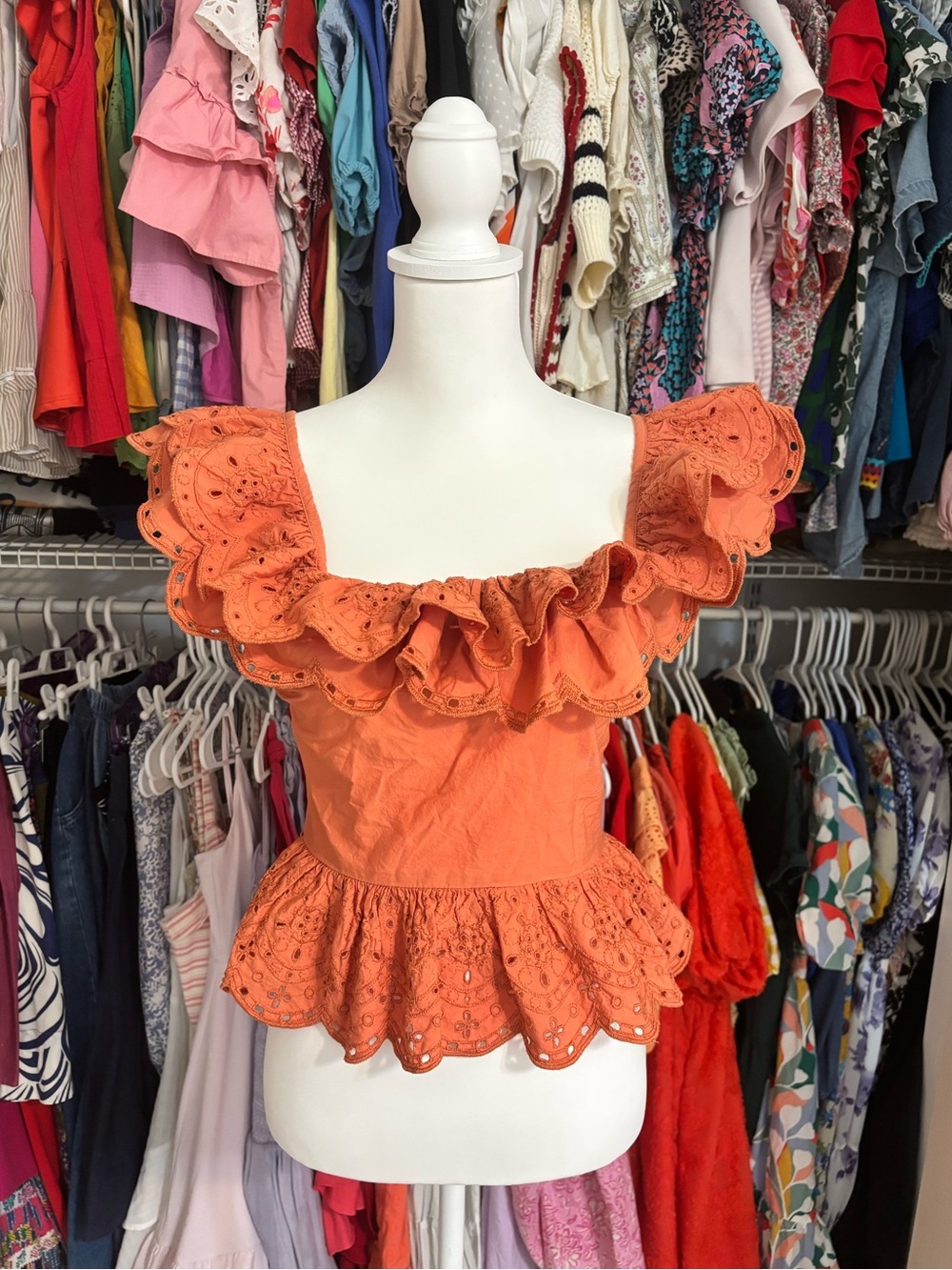 Express Orange Ruffle Eyelet Peplum Top